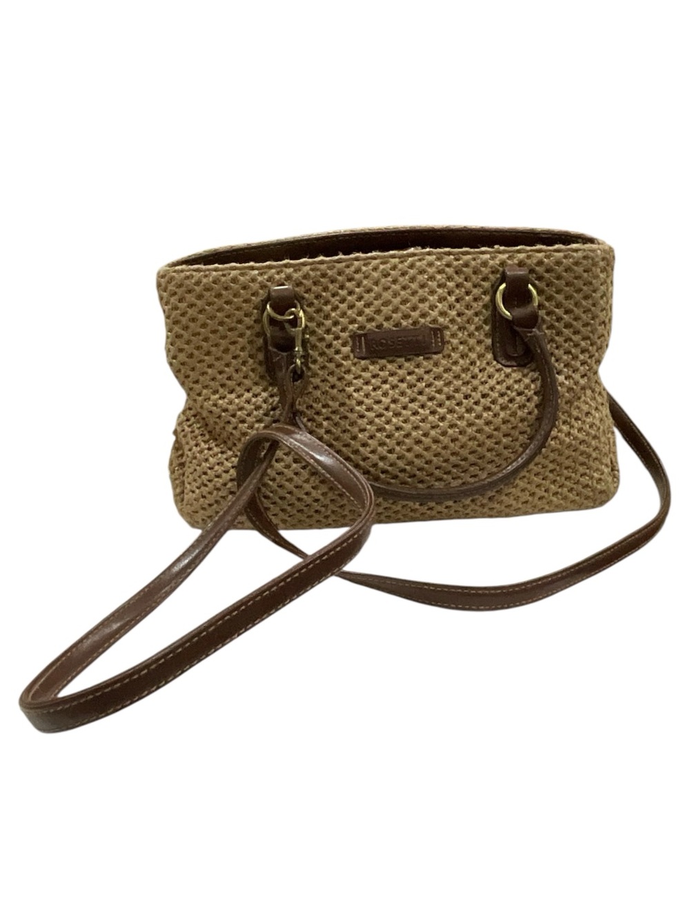 Rosetti Tan Woven Crossbody with Brown Trim